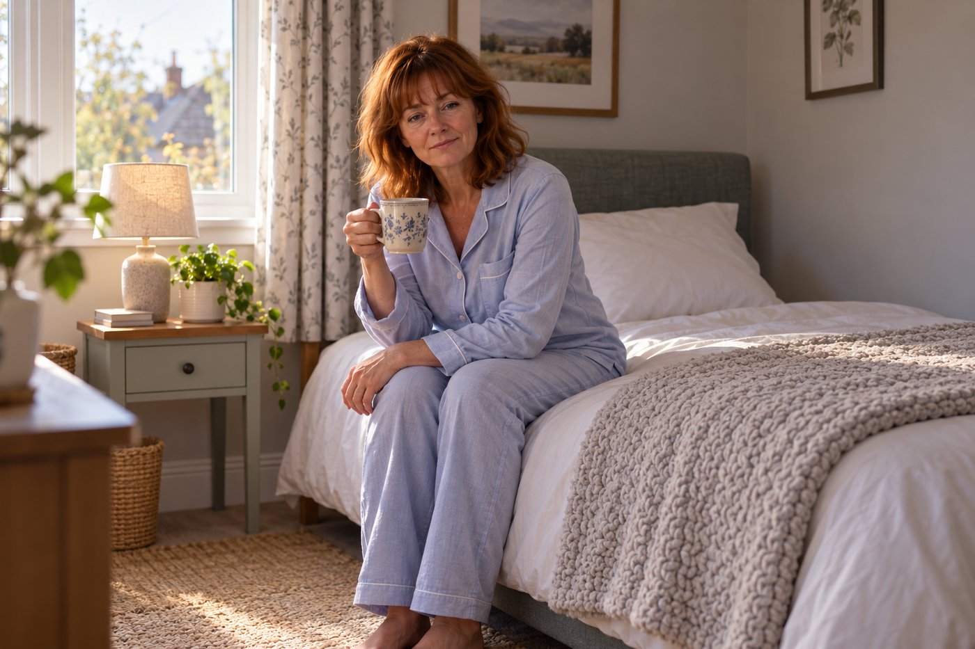 Woman in a guest bedroom with her pillow and blanket on a single bed, holding a coffee in the morning