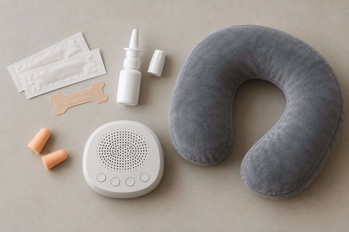 Flat lay of things tried for snoring: nasal strips, nasal spray, earplugs, a white noise machine and a travel pillow